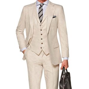 High Quality Men's Beige Single-Breasted Suit Set 3 Pieces with Breathable Wool Fabric Pant Coat Design